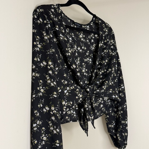 Floral Black and Beige Chiffon Cover Up | Women's Cropped Kimono Light & Flowy - Picture 3 of 3